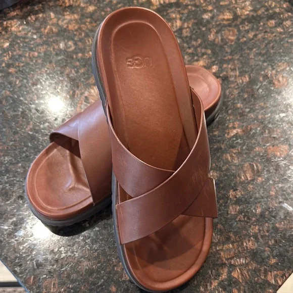 UGG Brown Leather Cross-Strap Sandals - Picture 2 of 6